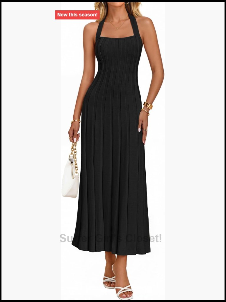 Ribbed Knit Halter Bodycon Midi Dress With Adjustable Straps